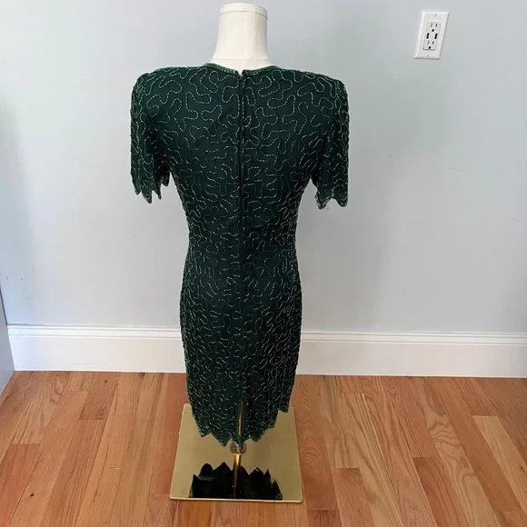 Denise Elle Vintage 80s Black Beaded Sequin Silk Cocktail Jagged Hem Dress PS - Picture 7 of 13